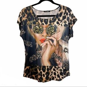 Fashionnova Animal Print with " COOL " Y2K Graphics Tunic Top Sz. Small